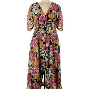 bohme fall florals midi dress w/ pockets & puff sleeves, women's size large